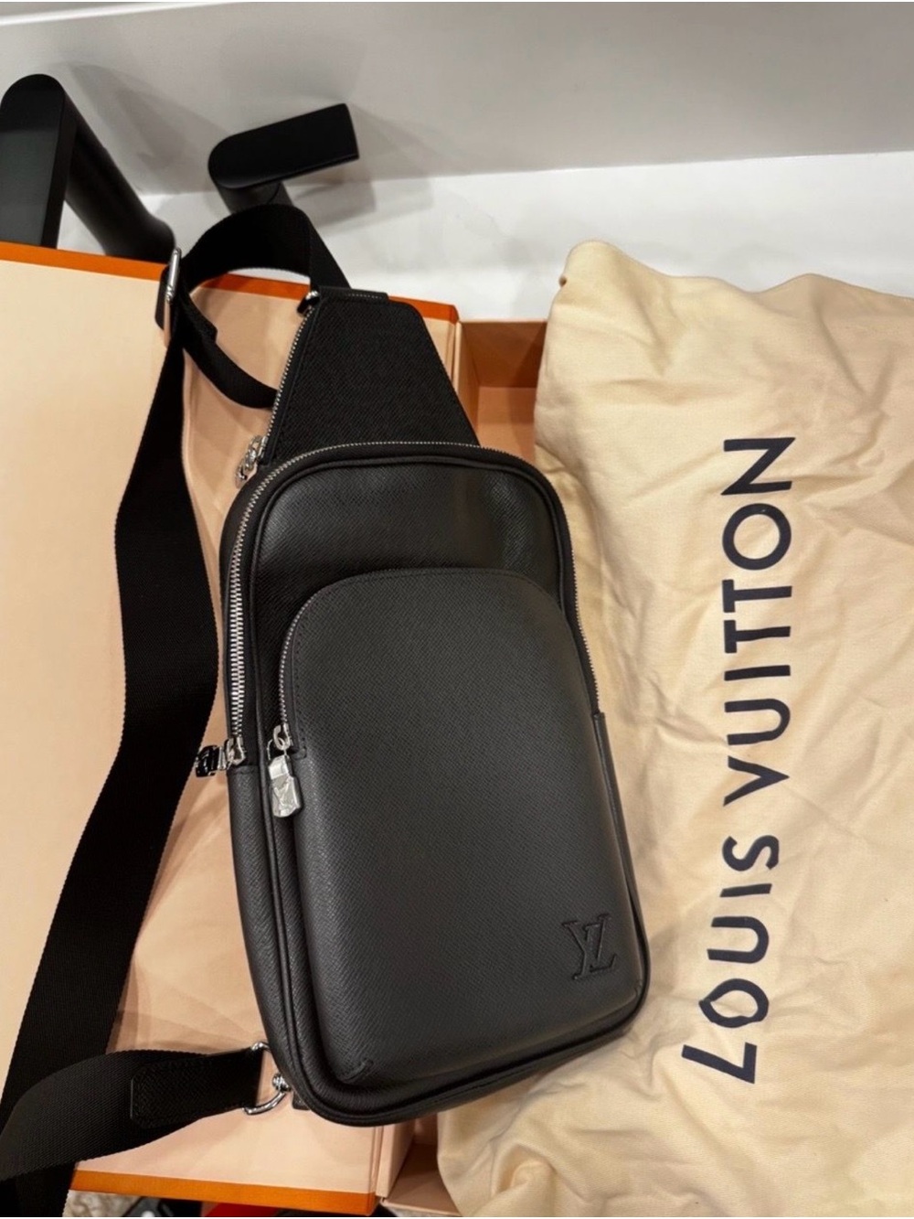 Authentic Louis Vuitton Black Leather Crossbody Sling Bag